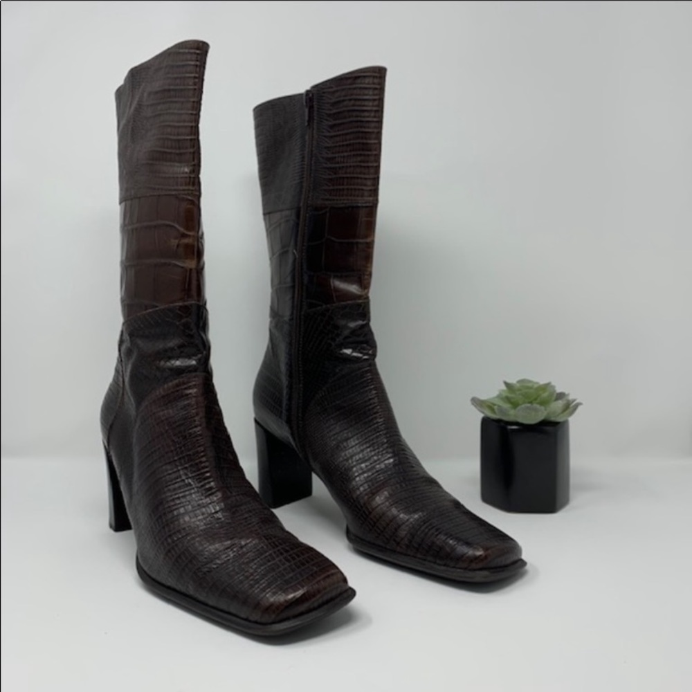 VIA SPIGA BROWN CROC EMBOSSED LEATHER CALF BOOTS